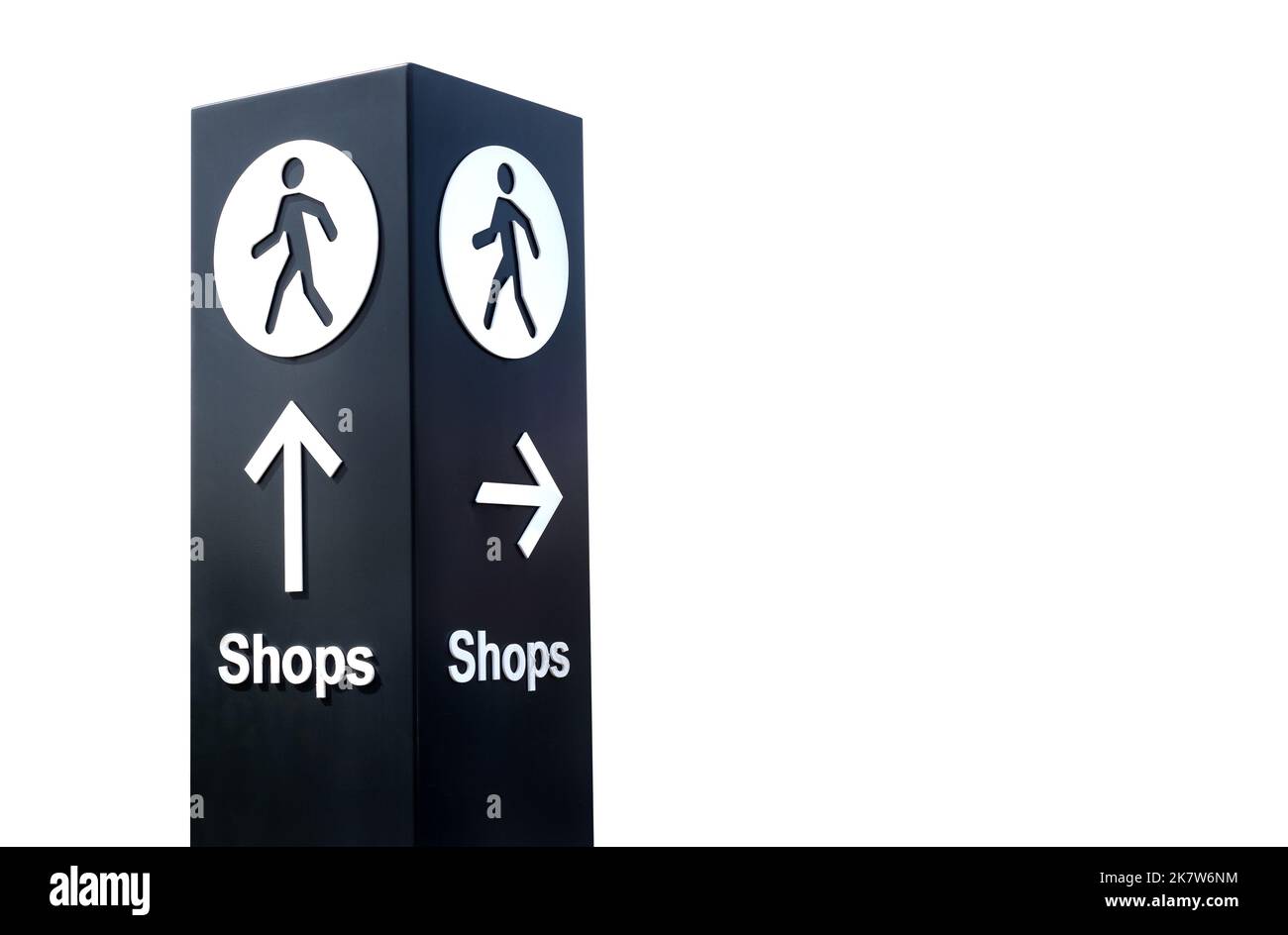 Grande cartello direzionale con freccia e icona della persona che indica i negozi. Sfondo bianco isolato. Foto Stock