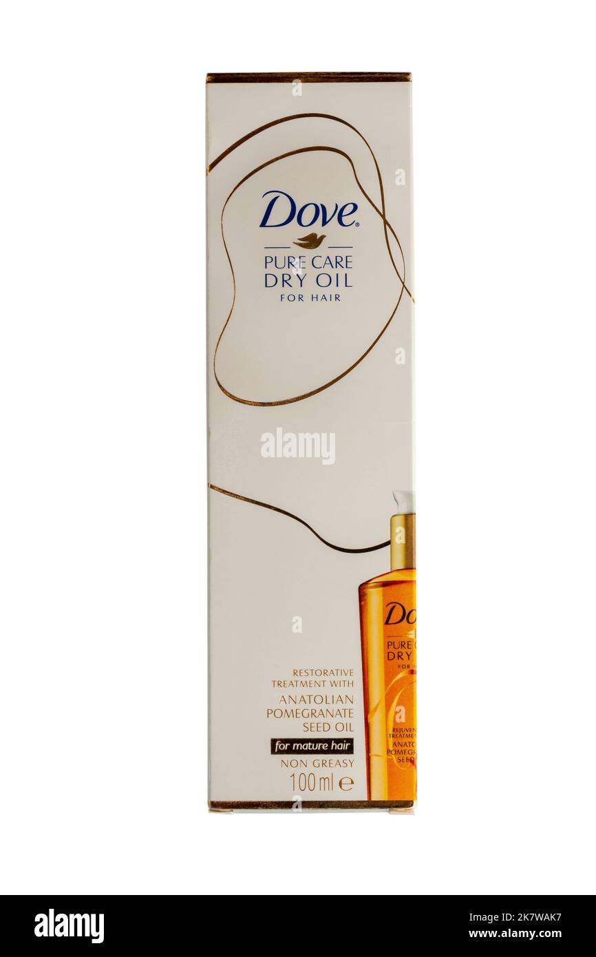 Scatola di dove pure Care olio secco per capelli trattamento rigenerativo con olio di semi di melograno anatoliano per capelli maturi isolato su fondo bianco Foto Stock