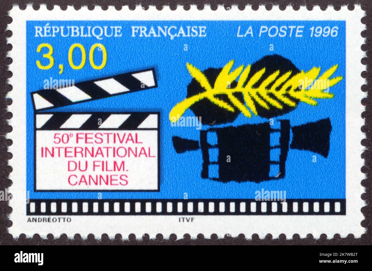 Timbro non oblitéré 50e Festival International du Film, Cannes, République Francaise, la Poste 1996, 3,00 Foto Stock