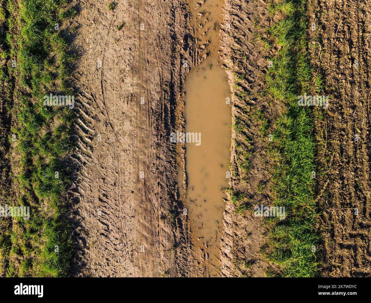 Vista aerea di una strada sterrata sporca con fango, erba e sentieri tra campi e campi in autunno Foto Stock