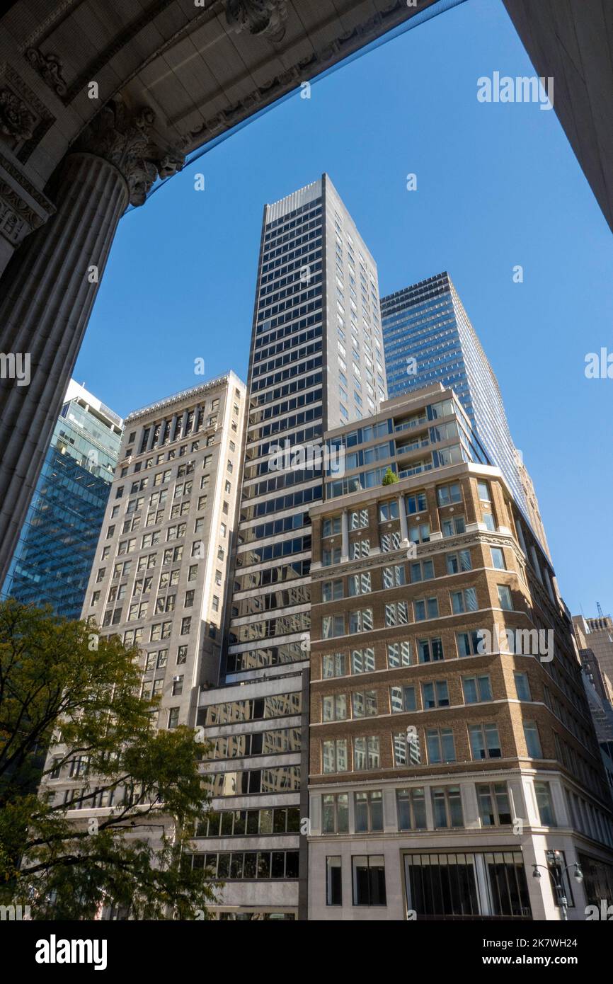 Edifici sulla Fifth Avenue visti dall'entrata della Biblioteca pubblica di New York alla 41st Street, USA Foto Stock