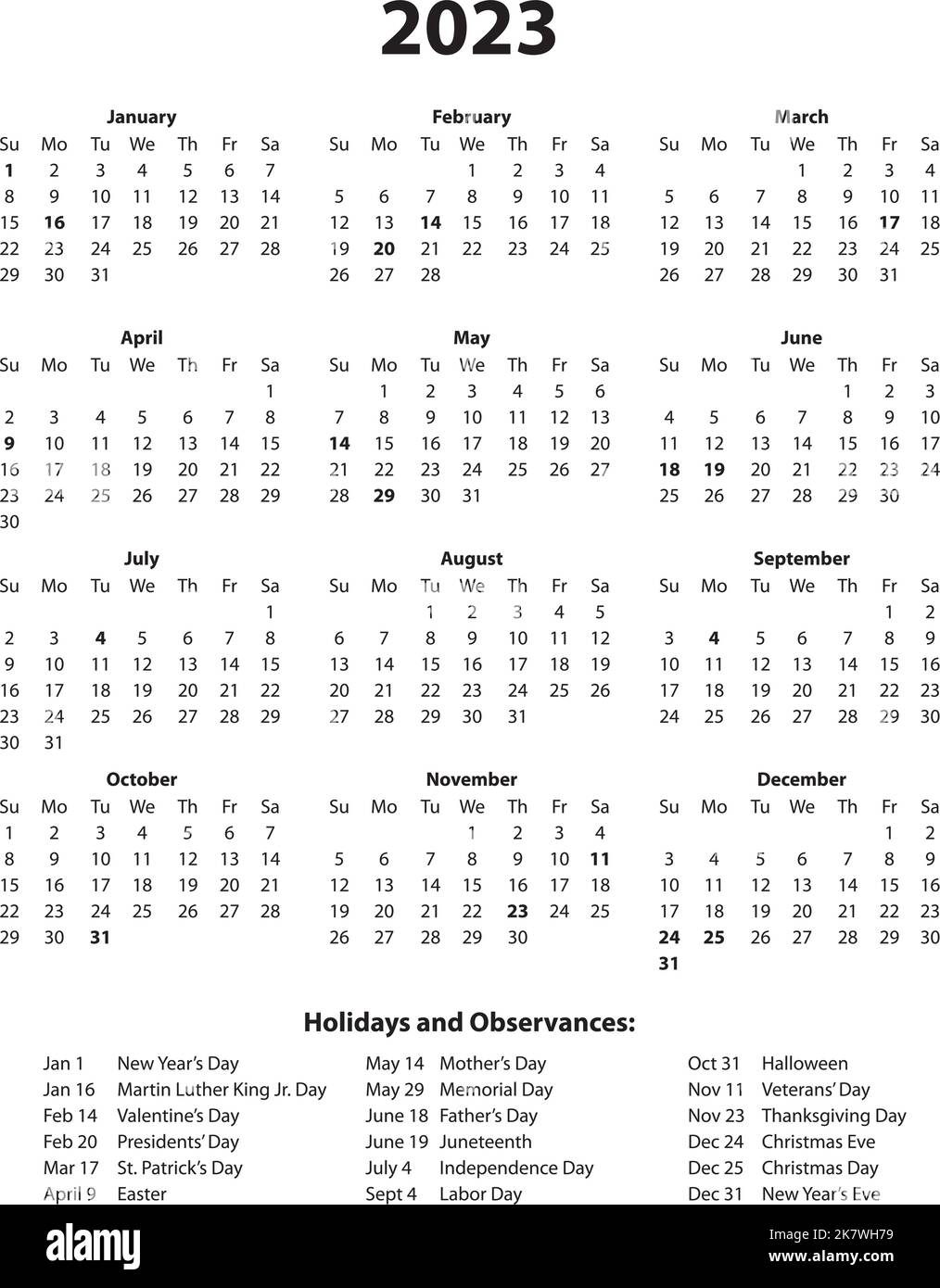 Calendario di 2023 anni una pagina con festività Illustrazione Vettoriale