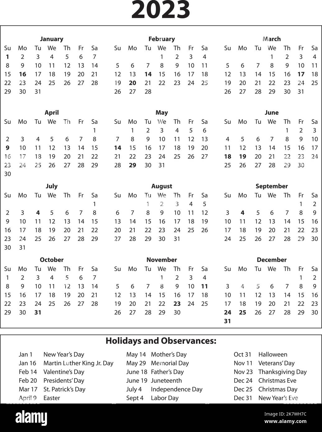 Calendario di 2023 anni una pagina con festività Illustrazione Vettoriale