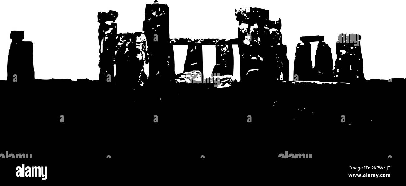 Rendering di una silhouette da una vera foto, Stonehenge bianco e nero, contrasto elevato. Illustrazione Vettoriale