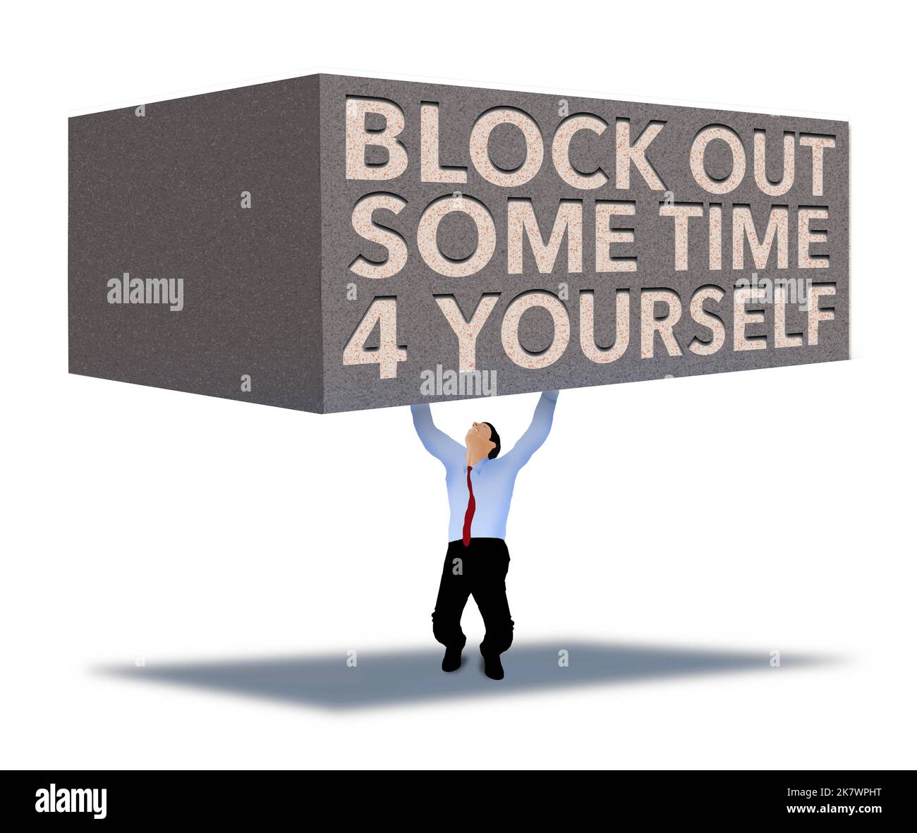 Un uomo sovraccarico solleva un grande edificio con un testo che dice di bloccare il tempo per te stesso per migliorare la salute fisica di mentaland. Si tratta di un 3-d Foto Stock