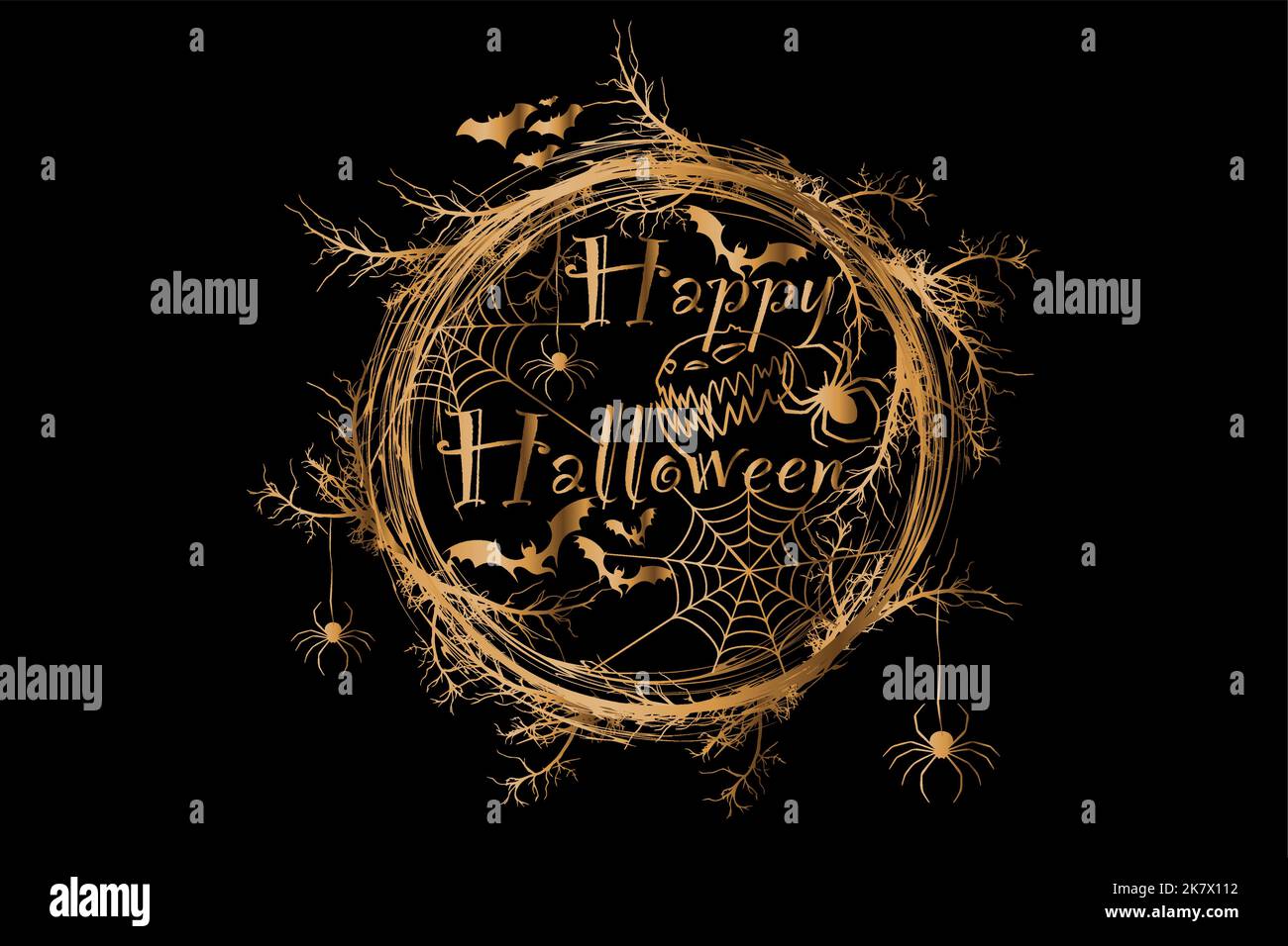Happy Halloween Text Banner, corona d'oro horror di rami, un realistico bordo rotondo cornice di rami ritorti, Golden vettore illustrazione isolata Illustrazione Vettoriale