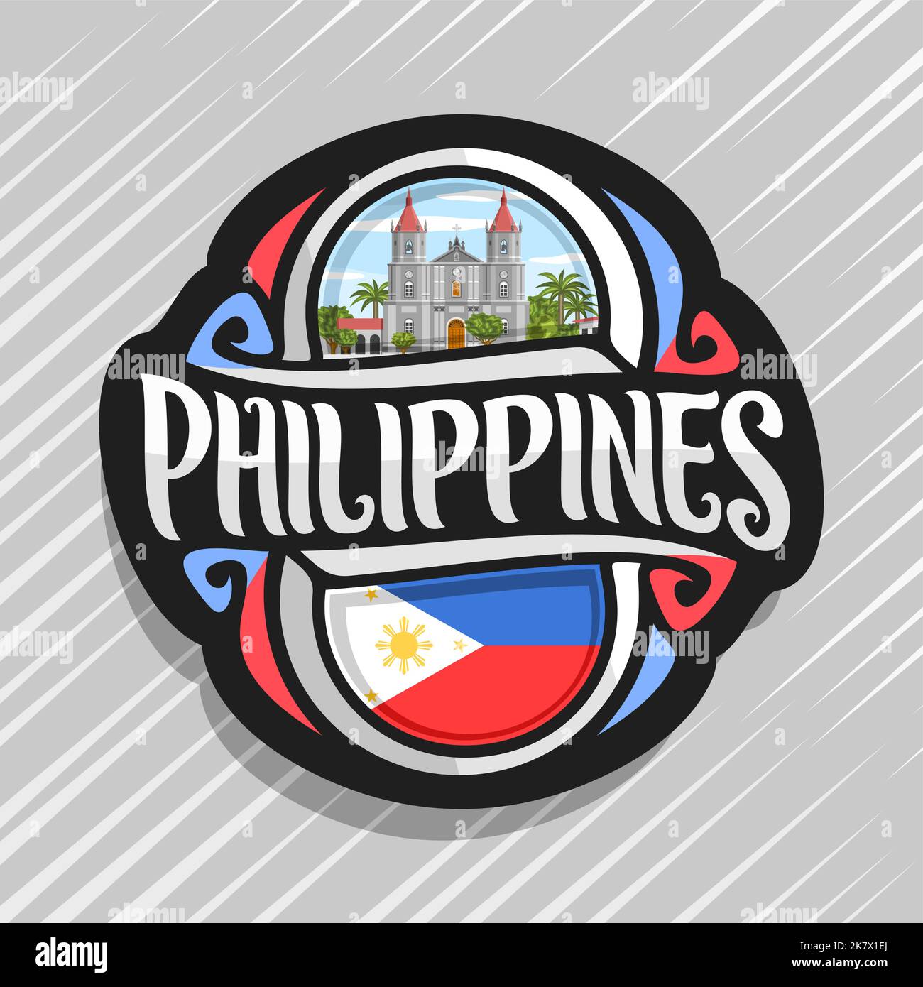 Il logo del vettore per paese filippine, frigo magnete con stato filippino bandiera, spazzola originale carattere tipografico per word filippine e nazionale simbolo filippino Illustrazione Vettoriale
