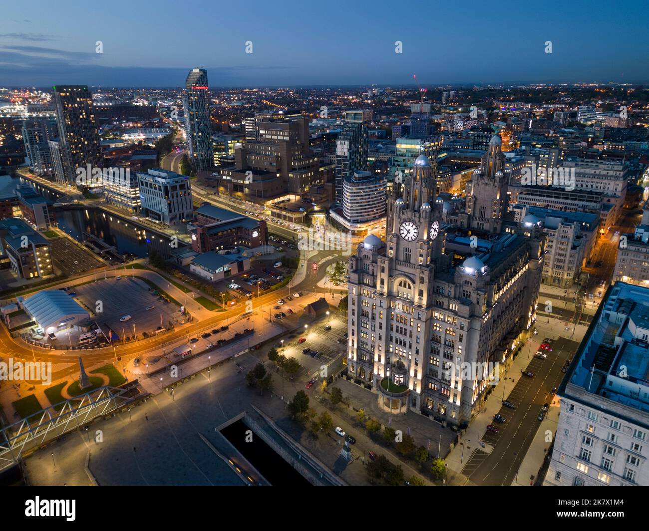 Vista aerea del Royal Liver Building, Merseyside, Inghilterra Foto Stock