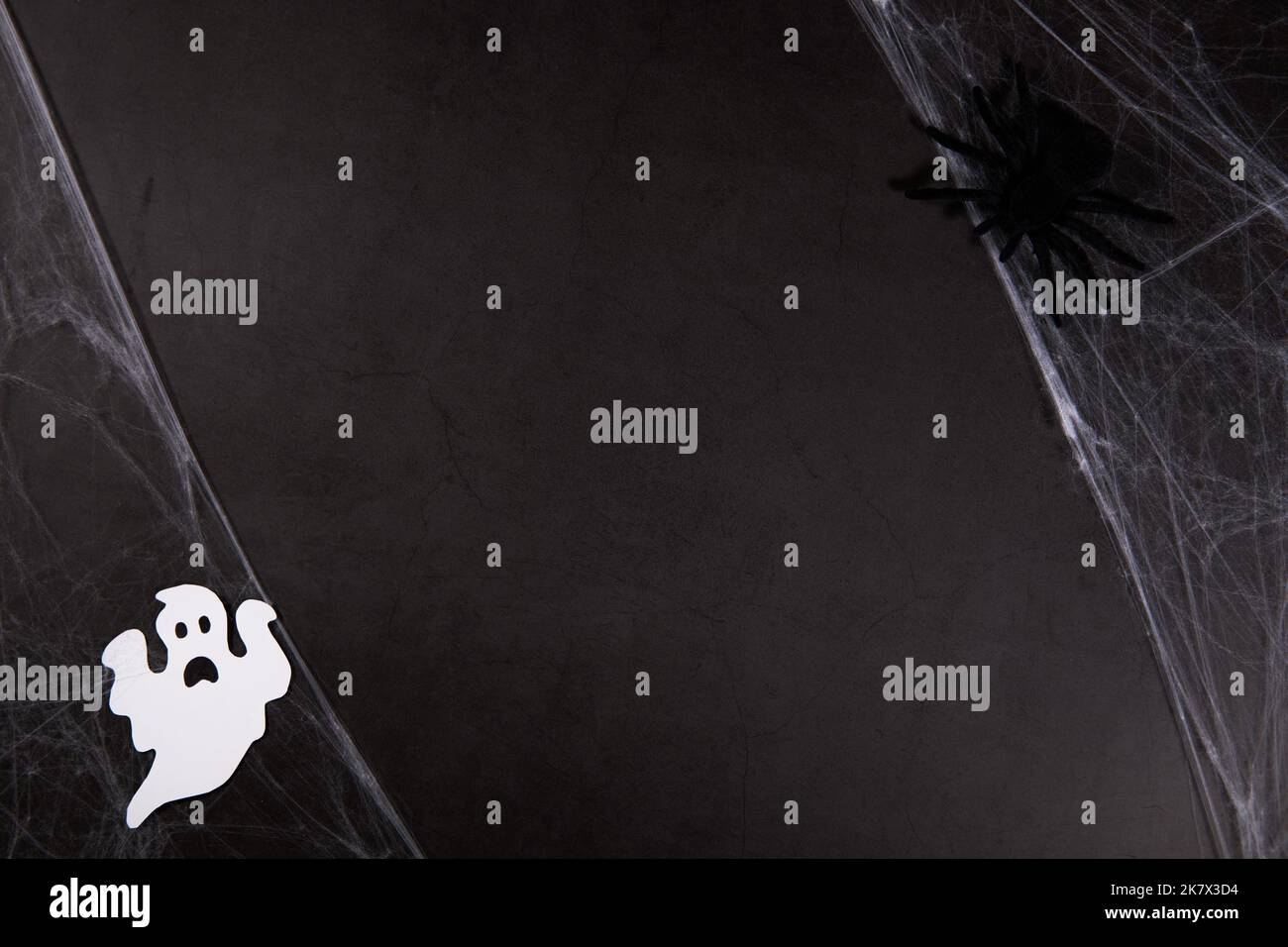 Sfondo per Halloween con un ragno e un fantasma nel web Foto Stock