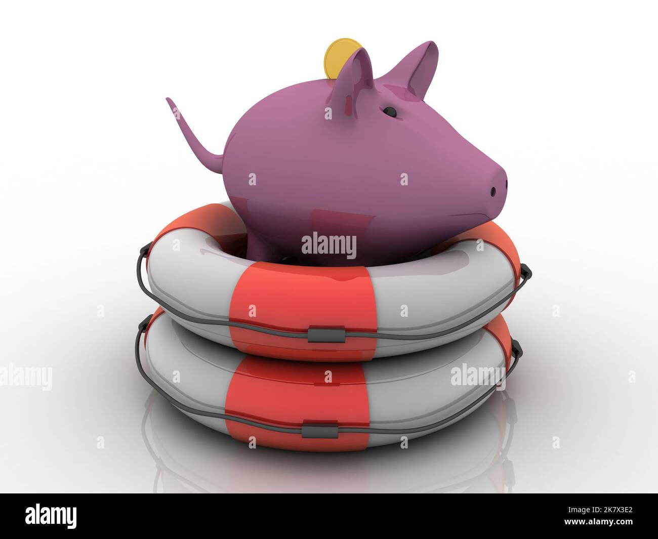 3D rendering Piggy banca con Lifebuoy Foto Stock