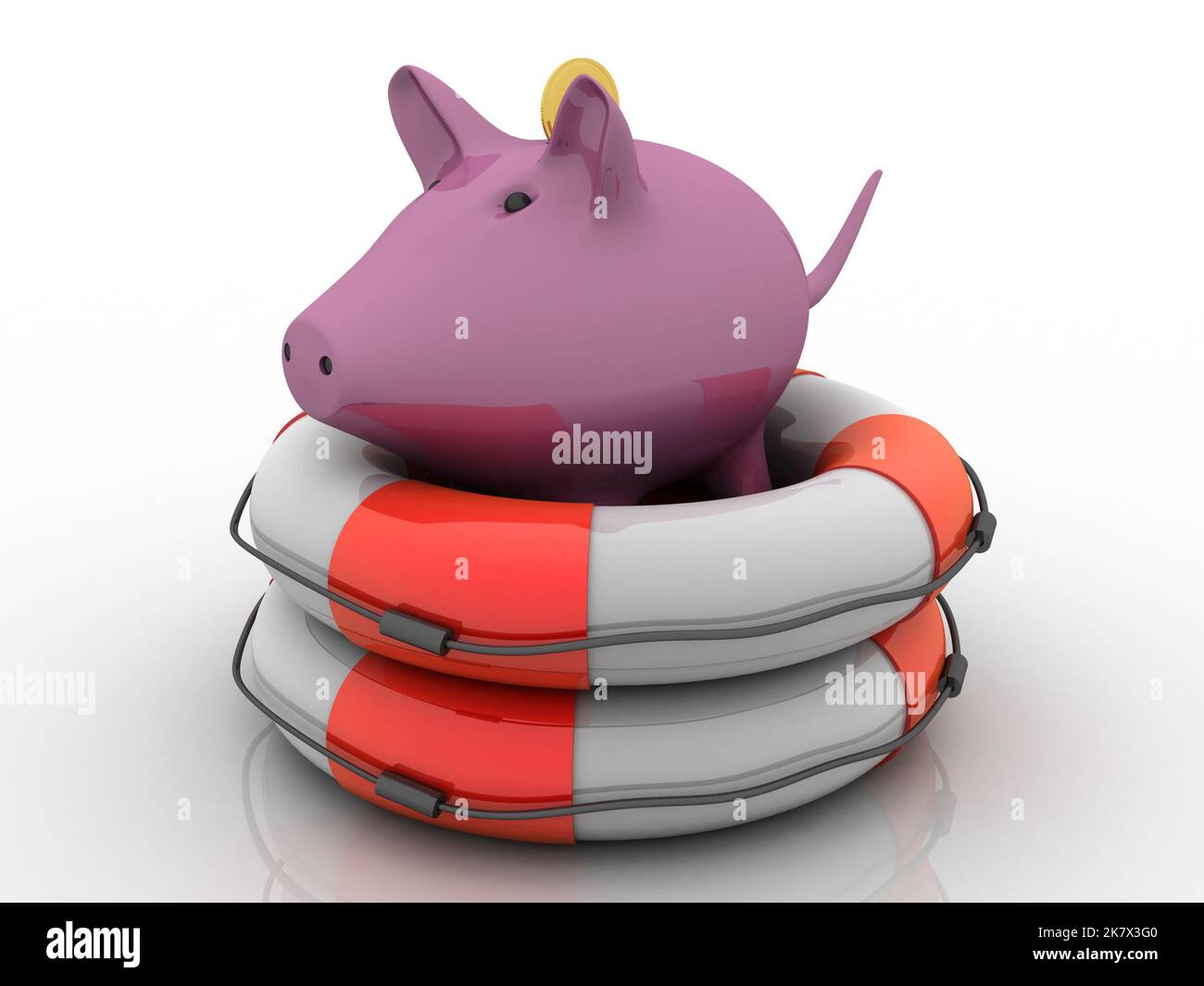 3D rendering Piggy banca con Lifebuoy Foto Stock