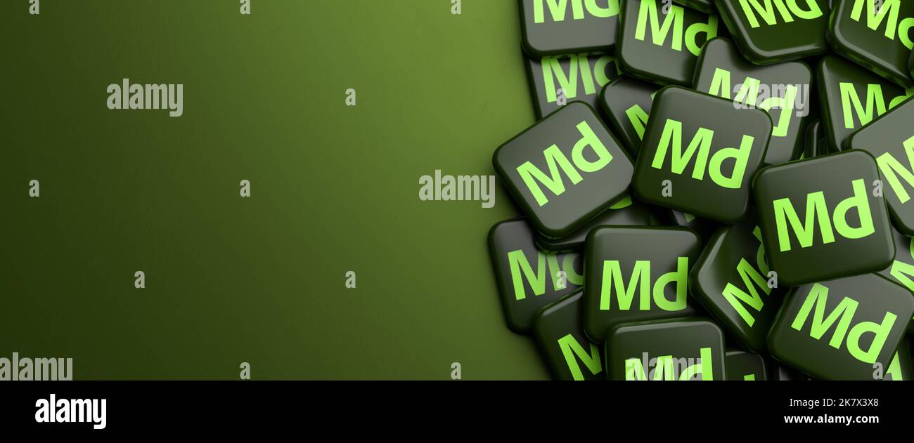 Logo di App Modeler MD della suite Adobe Substance 3D per la modellazione di risorse 3D in un heap su una tabella. Copy Space, formato banner Web Foto Stock