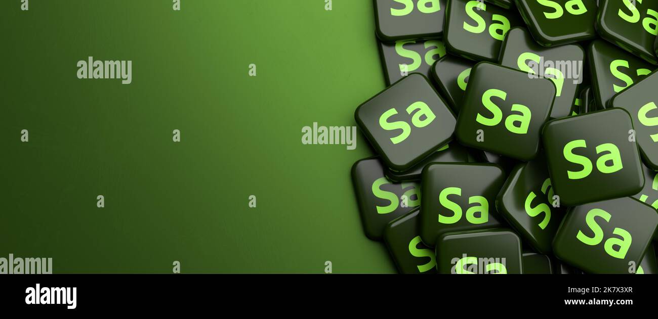 Logo di App Sampler SA della suite Adobe Substance 3D per la creazione di materiali 3D da foto su un heap su un tavolo. Copy Space, formato banner Web Foto Stock