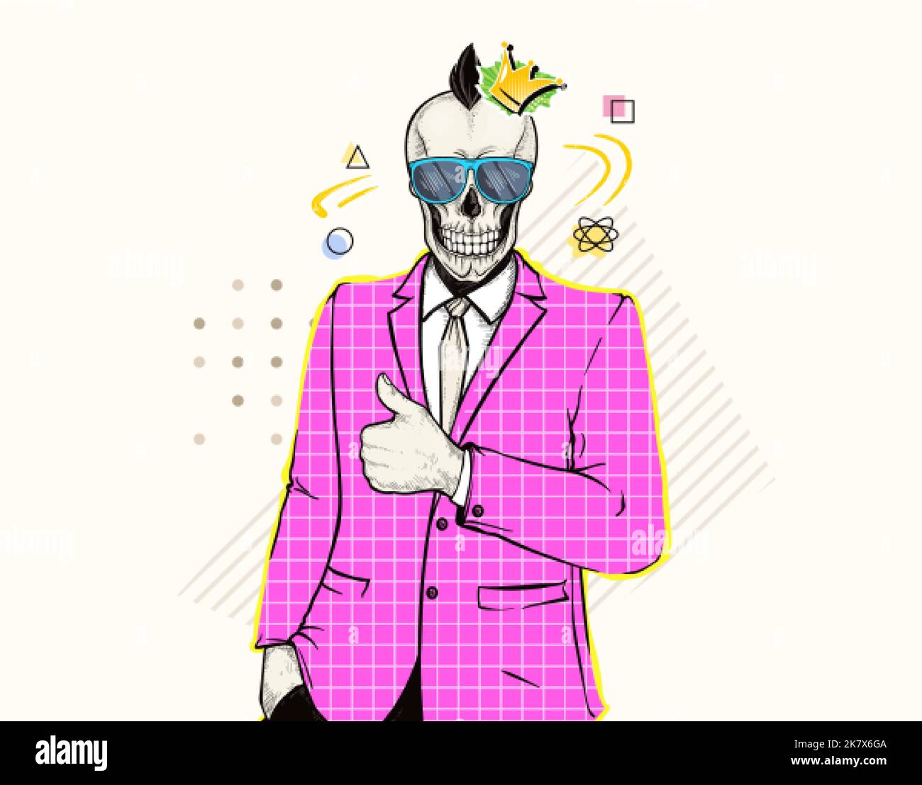 Uomo gotico sorridente con testa di cranio punk in occhiali da sole e simbolo della musica rock corona. Pop art da collage in stile zine contemporaneo, moderno stile rivista alla moda. Il bilanciere umano di affari in giacca rosa mostra i pollici in su. Illustrazione Vettoriale
