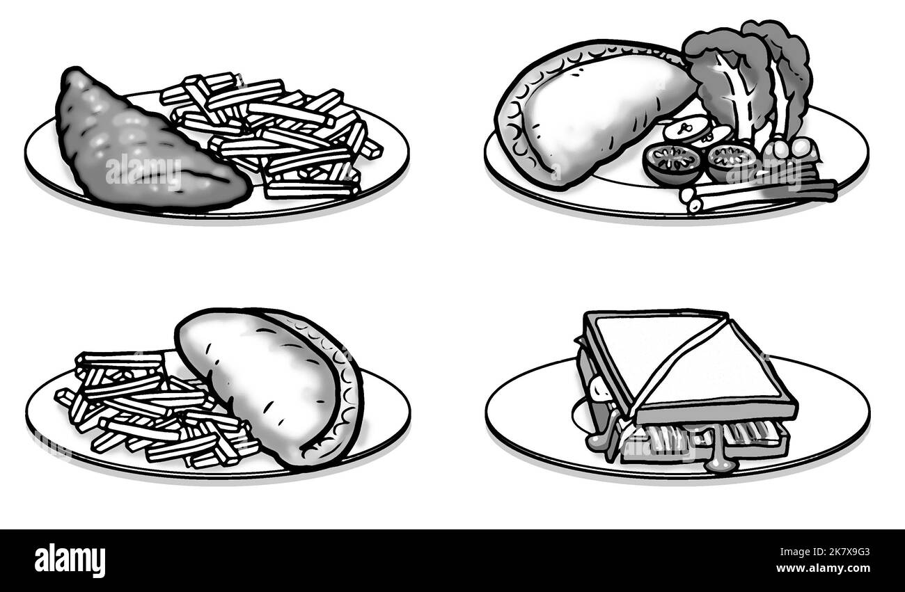 Illustrazione d'arte in scala di grigi che mostra piatti di popolari pasti inglesi inc, fish and chips, pasta e patatine, sandwich con pancetta, menu di insalate e pasta Foto Stock