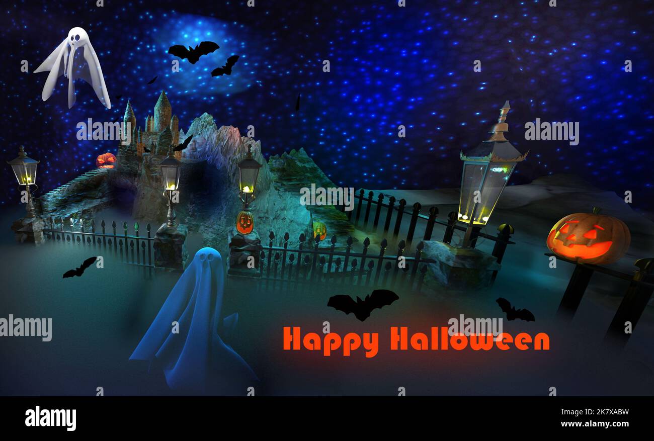 Sfondo di Halloween. Notte spettrale al cimitero con fantasmi, vecchio castello e pipistrelli volanti. Buon testo di Halloween. Foto Stock