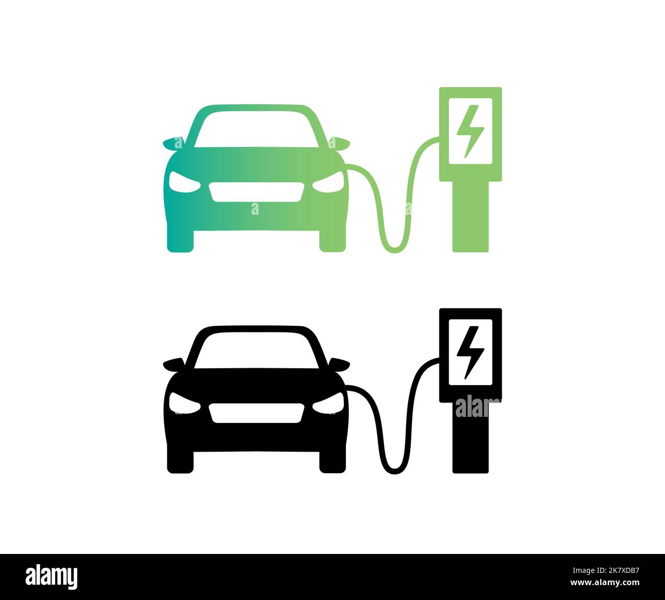 Icona della stazione di ricarica per auto elettriche. Veicolo ecologico, vista frontale. Energia verde. Illustrazione Vettoriale