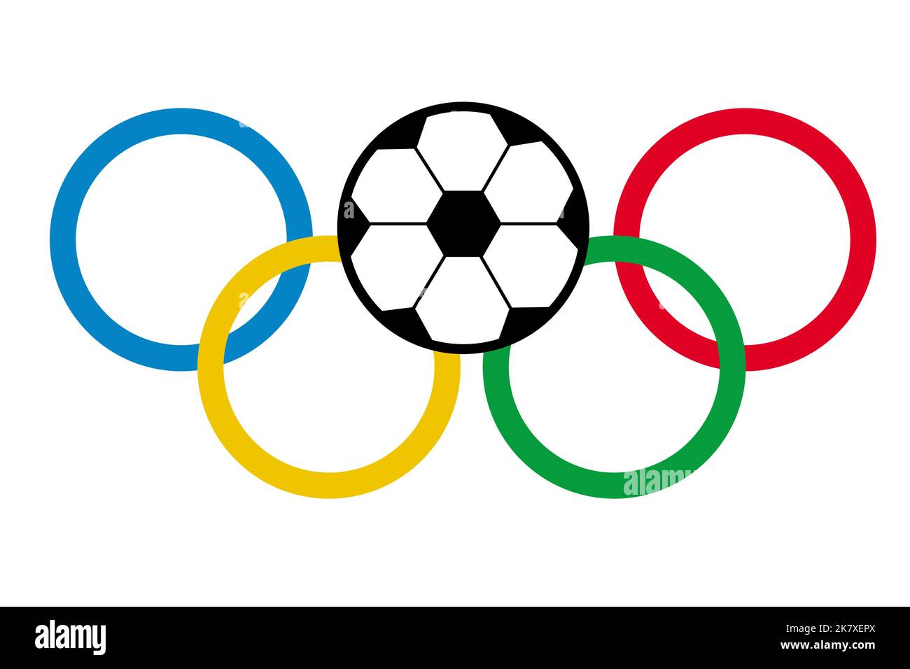 Anelli olimpici con una palla da calcio. Simbolo delle Olimpiadi su sfondo isolato. Logo di giochi sportivi. Illustrazione piatta. Vettore Illustrazione Vettoriale