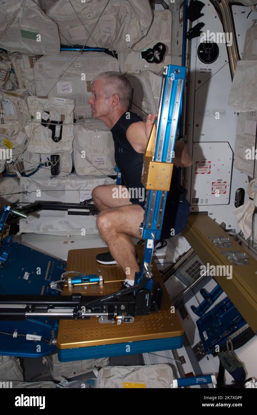 L'astronauta della NASA Steve Swanson, ingegnere di volo della spedizione 39, lavora sul dispositivo avanzato di esercitazione resistiva (ARED) a bordo della Stazione spaziale Internazionale in orbita attorno alla Terra il 11 aprile 2014 Foto Stock
