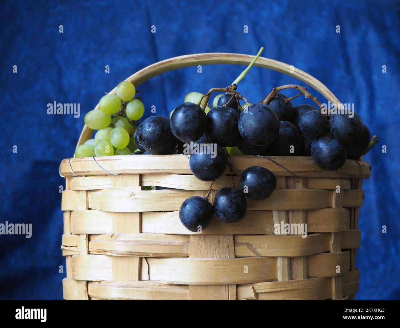 Cesto di uve. Uva seduta in un cesto di legno isolato su sfondo blu. Uva nel tradizionale cesto turco per maglieria. Foto Stock