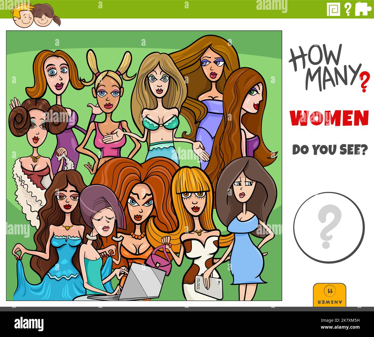 Illustrazione dell'attività di conteggio educativa con il gruppo di personaggi delle donne dei cartoni animati Illustrazione Vettoriale