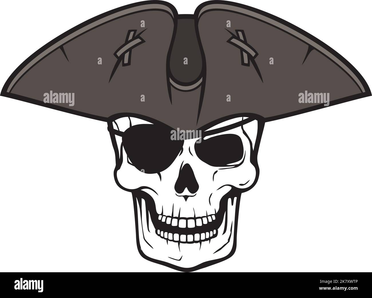 Illustrazione vettoriale di cranio pirata, cappello triangolare e patch oculare Illustrazione Vettoriale