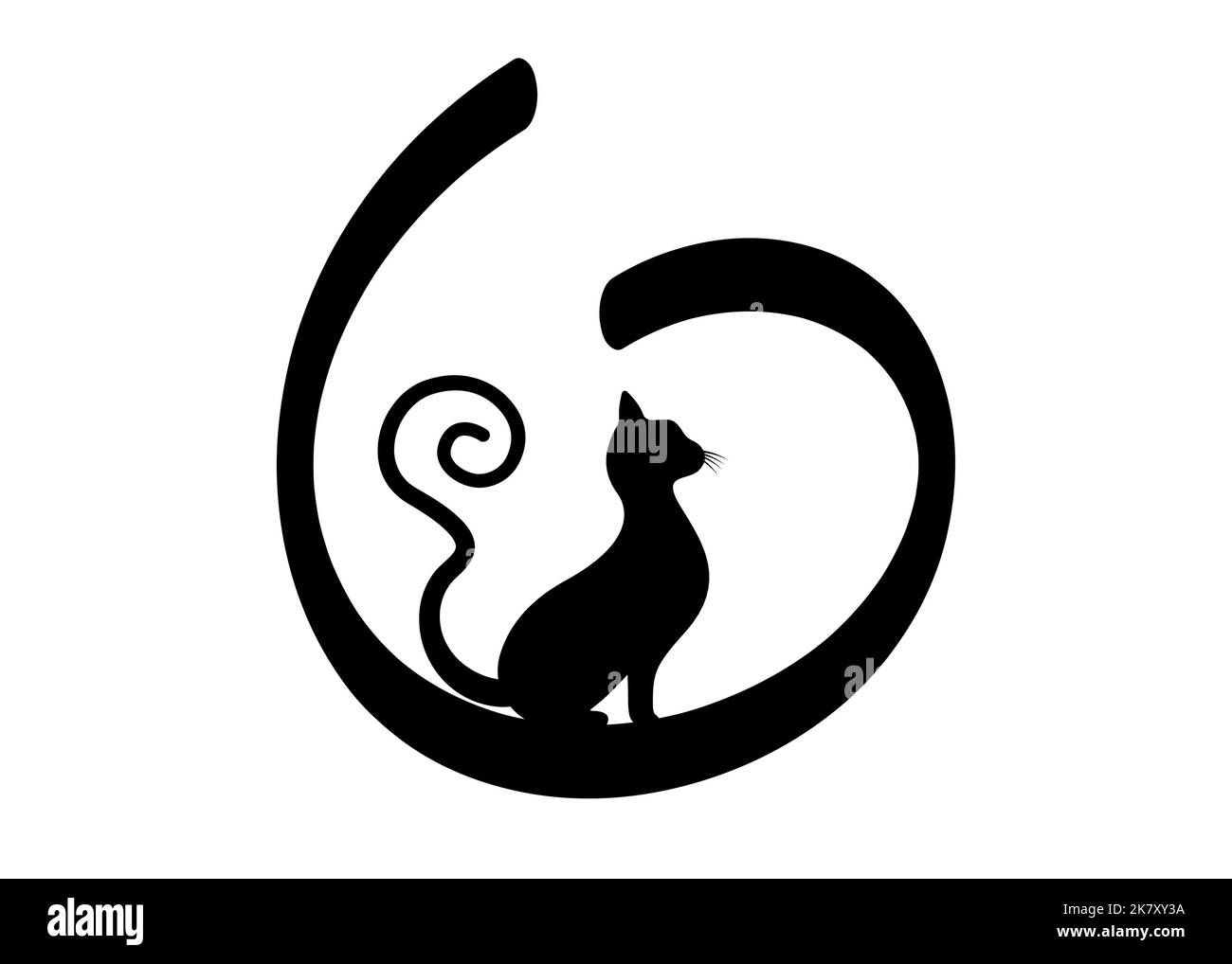 Silhouette nera in gatto con coda ricurva, modello con logo rotondo in felino, illustrazione vettoriale isolata su sfondo bianco Illustrazione Vettoriale