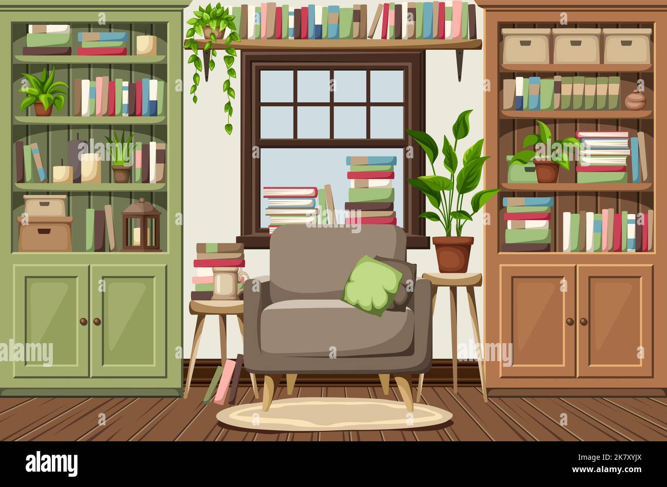 Interni della camera con librerie verdi e marroni, una poltrona e molti libri e piante da casa. Intimo design classico vecchio stile. Cartone animato ve Illustrazione Vettoriale