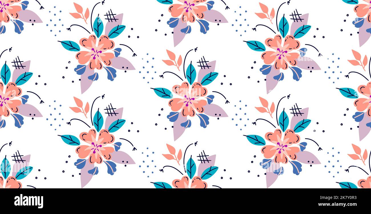 Motivo vettoriale senza cuciture realizzato con fiori disegnati a mano su bianco Illustrazione Vettoriale