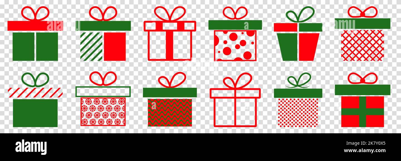 Presentare il set di icone della confezione regalo. Giftbox con collezione di cartoni animati a nastro. Illustrazione vettoriale isolata su sfondo trasparente Illustrazione Vettoriale