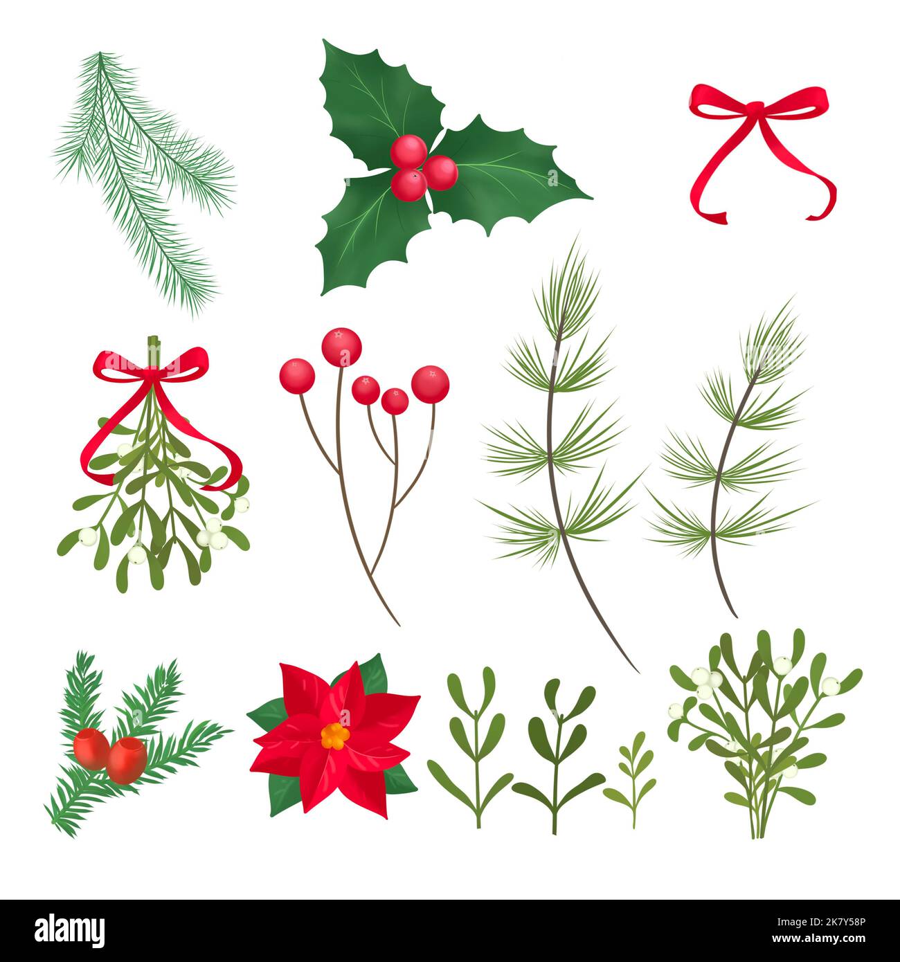 Tradizionale cartolina aziendale con albero di Natale, renne, cornici floreali ornate, sfondo. Set di rami, foglie e bacche Foto Stock