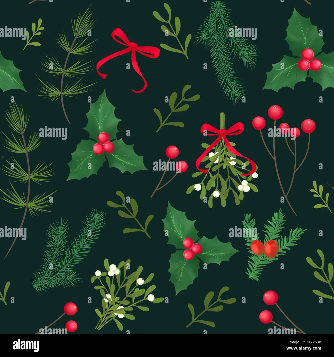 Tradizionale cartolina aziendale con albero di Natale, renne, cornici floreali ornate, sfondo. Un modello di rami, foglie e bacche Foto Stock