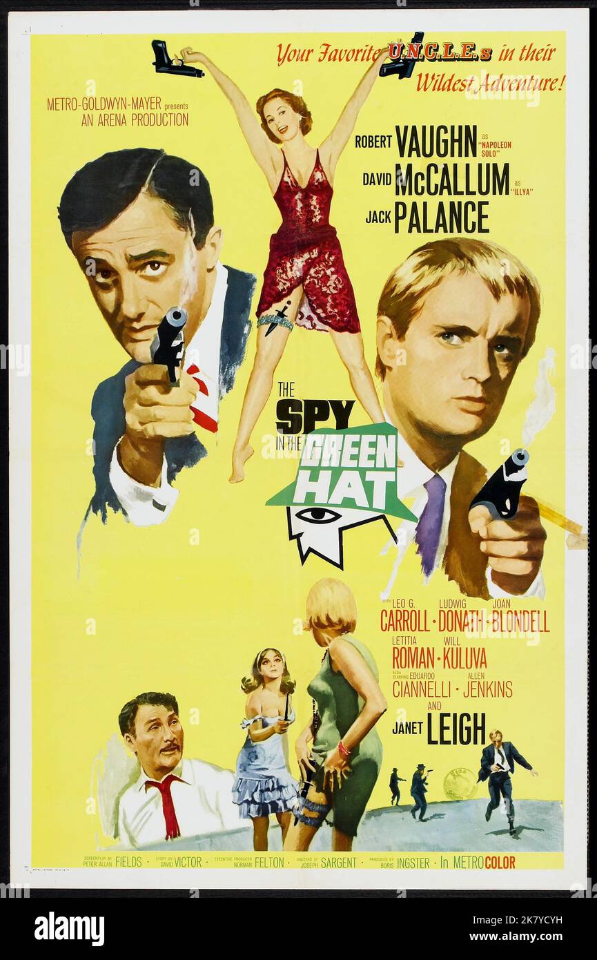 Robert Vaughn, David McCallum, Jack Palance & Janet Leigh Poster Film: The Spy in the Green Hat; Man from U.N.C.L.E. (USA 1967) personaggi: Napoleone solo, Illya Kuryakin, Louis Strago, Miss Diketon / Onkel, 'O.N.K.E.L', 'U.N.C.L.E.' Regista: Joseph Sargent 03 febbraio 1967 **AVVERTENZA** questa fotografia è solo per uso editoriale ed è copyright di MGM e/o del fotografo assegnato dalla Film o dalla Production Company e può essere riprodotta solo da pubblicazioni in concomitanza con la promozione del film di cui sopra. È richiesto un credito obbligatorio a MGM. Il fotografo dovrebbe anche essere accreditato Foto Stock