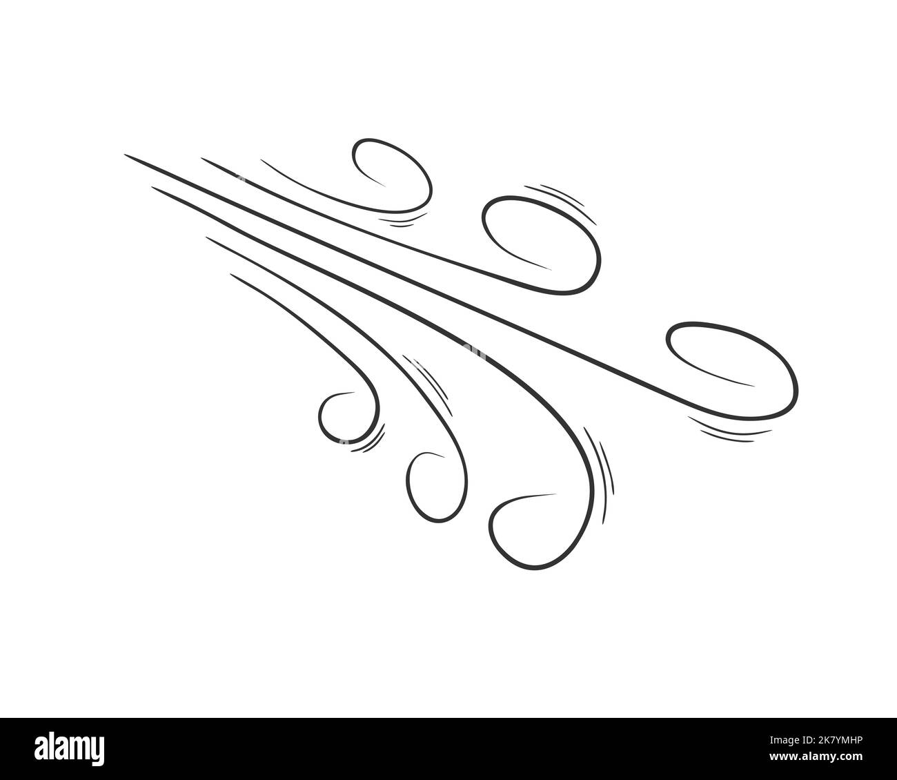 Flusso d'aria o soffio di vento doodle swirls. Polvere, fumo, polvere effetto disegnato a mano isolato su sfondo bianco. Illustrazione del contorno vettoriale. Illustrazione Vettoriale