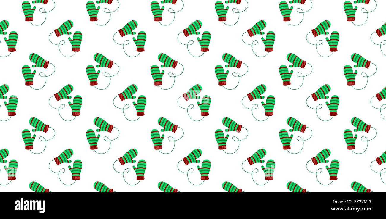 Modello senza cuciture con coppie di tagli a maglia a righe. Guanti di lana intimi sfondo. Design di Natale o Capodanno per scrapbooking o carta da imballaggio, tovagliolo o tovaglia. Illustrazione piatta vettoriale Illustrazione Vettoriale