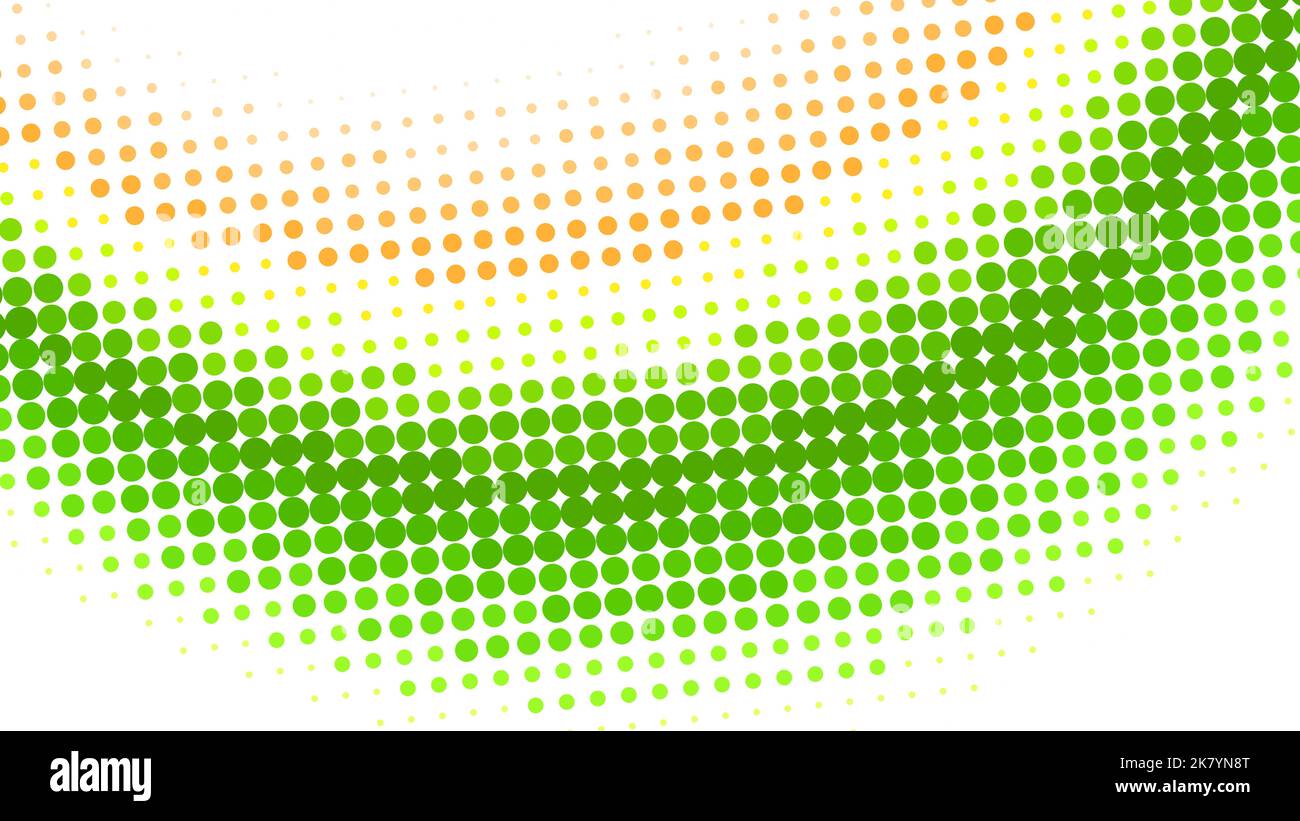 Modello astratto a mezzitoni con forma d'onda di punti verdi e arancioni. Sfondo grafico vettoriale semplice Illustrazione Vettoriale