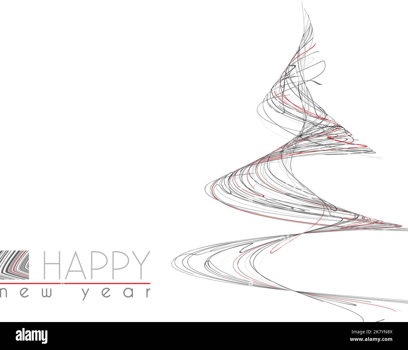 Modello di minimal Happy New Year card con un albero di Natale insolito di sottili strisce nere, grigie e rosse. Layout grafico vettoriale semplice Illustrazione Vettoriale