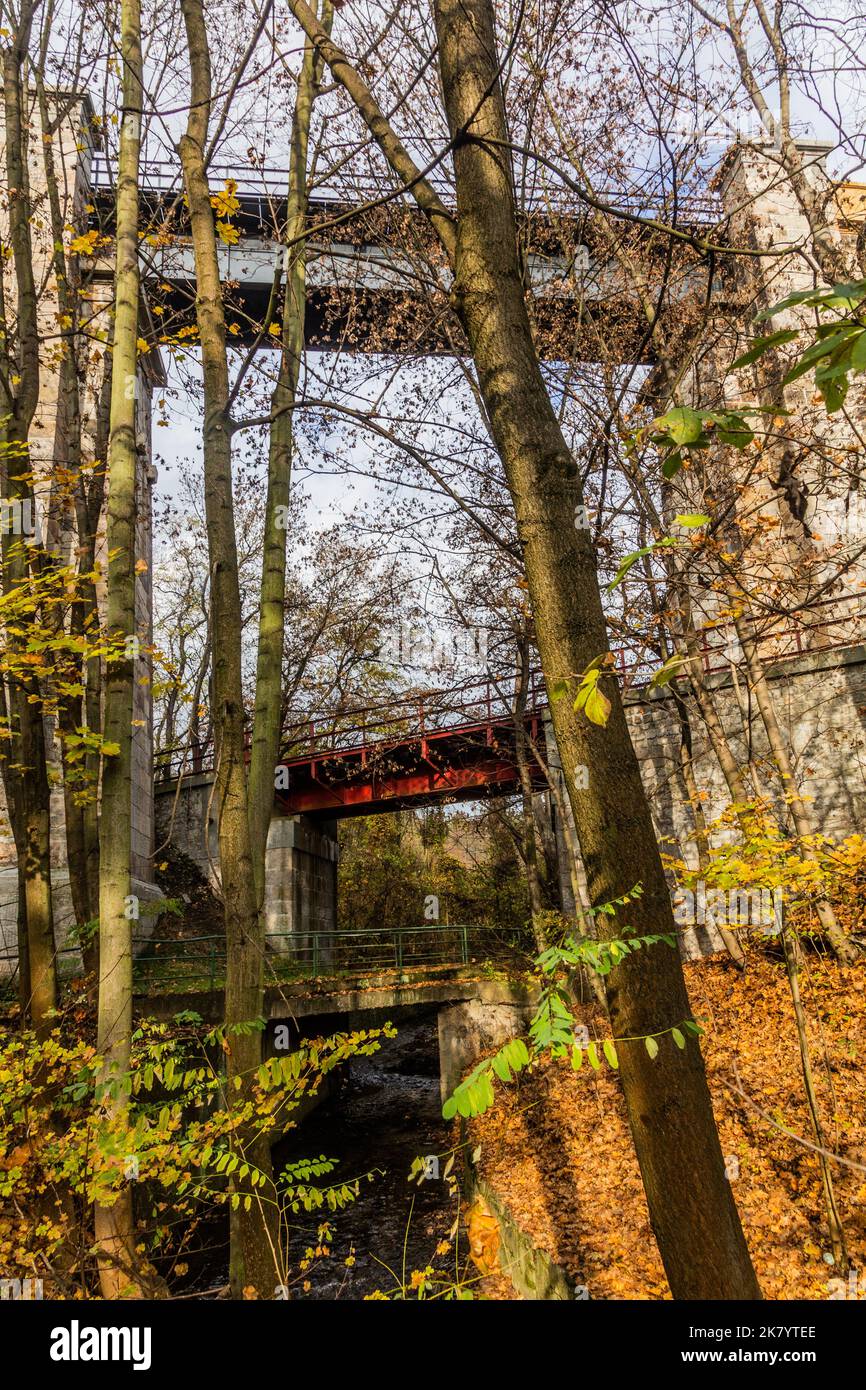 Viadotti ferroviari a Hlubocepy a Praga, Repubblica Ceca Foto Stock