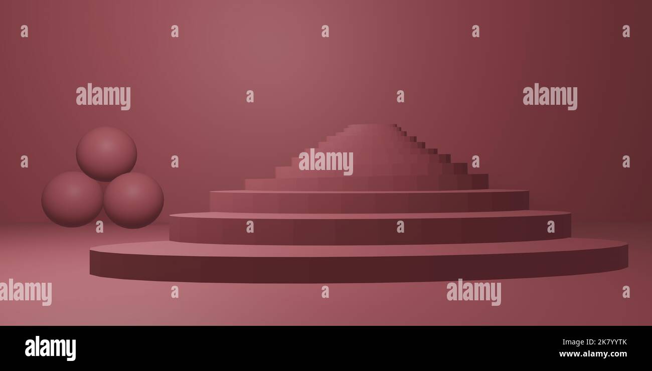 scale in alto e 3 palla astratta composizione 3d rendere, atmosfera romantica con colore pastello rosa chiaro basso. Foto Stock