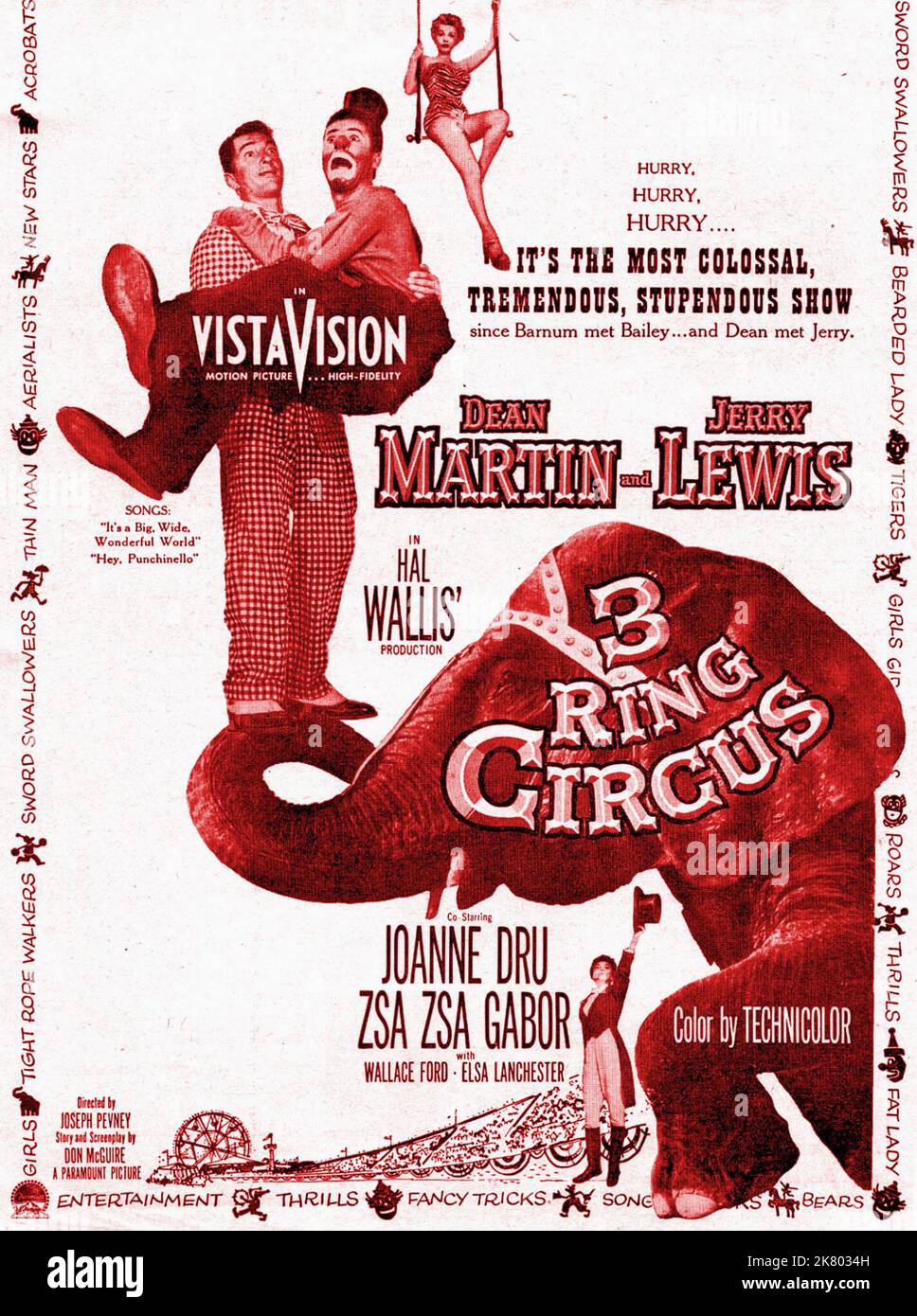 Dean Martin, Jerry Lewis & Zsa Zsa Gabor Film poster Film 3 Ring Circus; Three Ring Circus (USA 1954) regista: Joseph Pevney 22 dicembre 1954 **ATTENZIONE** questa fotografia è ad uso esclusivamente editoriale ed è copyright della PARAMOUNT e/o del fotografo assegnato dalla Film o Production Company e può essere riprodotta solo da pubblicazioni in concomitanza con la promozione del suddetto Film. È richiesto un credito obbligatorio per LA PRIORITÀ. Il fotografo deve essere accreditato anche se conosciuto. Nessun uso commerciale può essere concesso senza l'autorizzazione scritta di The Film Company. Foto Stock