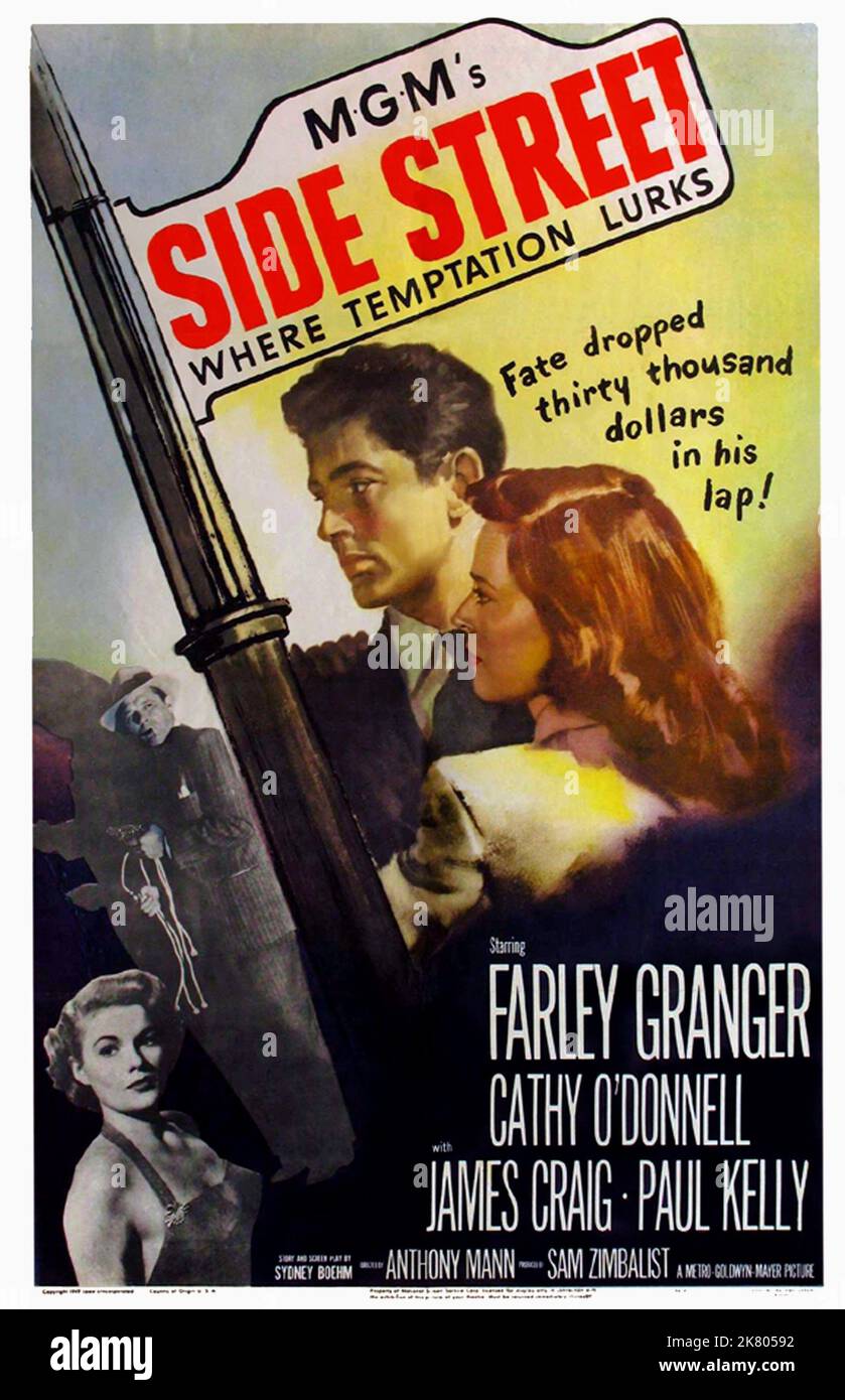 Movie poster Film Side Street (1952) regista: Anthony Mann 23 marzo 1950 **ATTENZIONE** questa fotografia è solo per uso editoriale ed è copyright della MGM e/o del fotografo assegnato dalla Film o Production Company e può essere riprodotta solo da pubblicazioni in concomitanza con la promozione del suddetto Film. È richiesto un credito obbligatorio a MGM. Il fotografo deve essere accreditato anche se conosciuto. Nessun uso commerciale può essere concesso senza l'autorizzazione scritta di The Film Company. Foto Stock