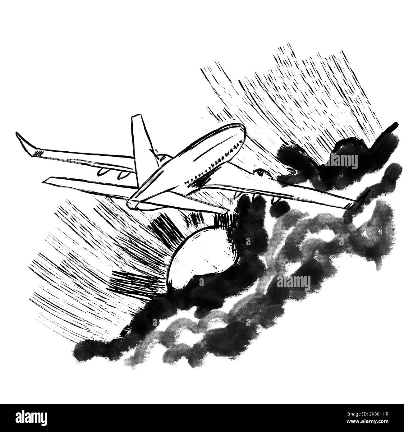 Illustrazione disegnata a mano di aeroplano aereo aereo aereo aereo velivolo in cielo nuvole sole. Trasporto aereo, design minimalismo linea nera su sfondo bianco, stampa a inchiostro, disegno grafico Foto Stock
