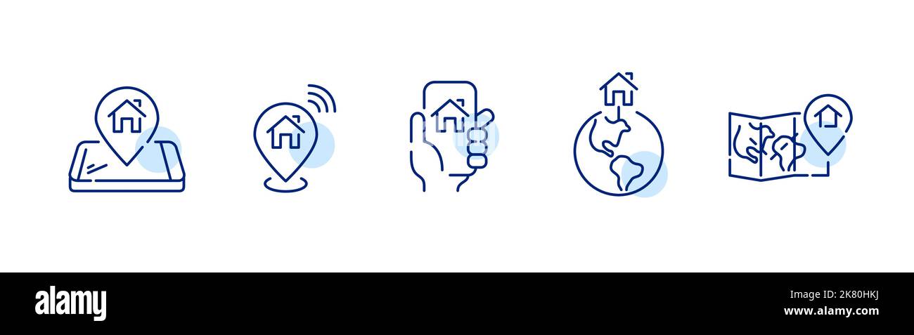 Serie di icone di posizione casa. Puntatore su smartphone, globo terrestre e mappa. Pixel Perfect, tratto modificabile Illustrazione Vettoriale