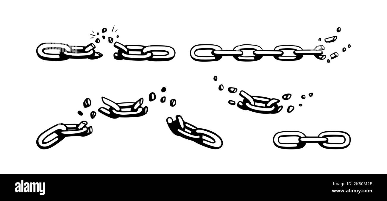 Catena spezzata con frantumazioni come simbolo di forza e libertà. Schizzo delle catene metalliche. Illustrazione vettoriale isolata su sfondo bianco Illustrazione Vettoriale