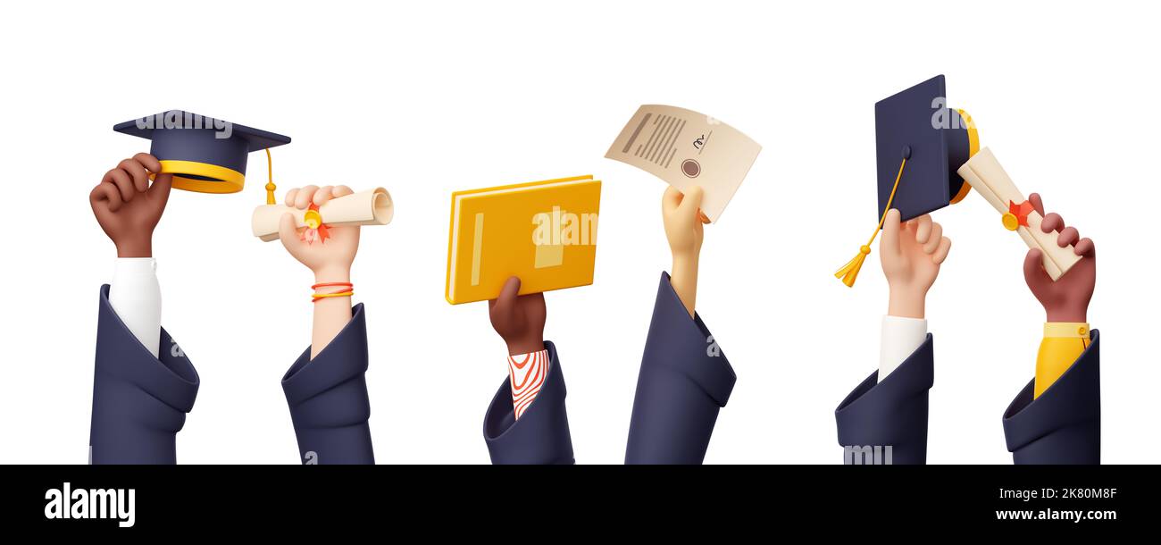 Mani laureate alzate con tappi di graduazione, rotoli di certificati e libro. Gli studenti hanno cappelli accademici neri e diplomi di carta, 3D rendono l'illustrazione isolata su sfondo bianco Foto Stock