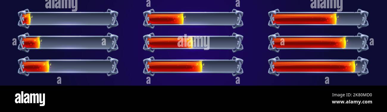 Barre di avanzamento del caricamento del gioco con lava rossa incandescente. Elementi gui di Cartoon, stato pieno e vuoto e scale di risorse di potenza, vita, salute o magia, denaro e tempo asset illustrazione vettoriale, set Illustrazione Vettoriale