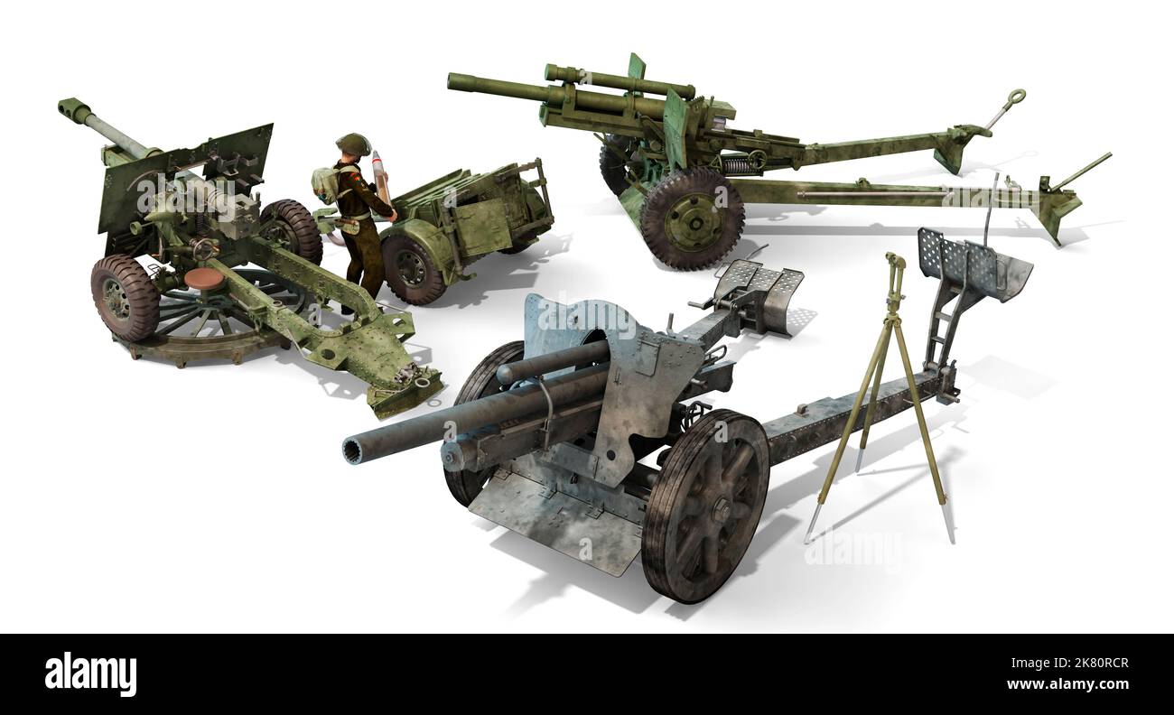 Gli obici usati durante la seconda guerra mondiale; il ponder QF-25, il M101A1 e il leFH 18. Foto Stock