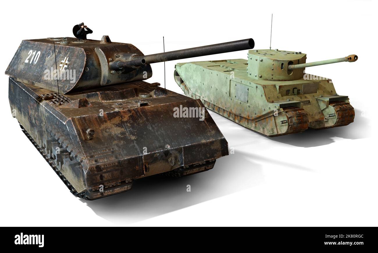 Illustrazione di due modelli di serbatoi super pesanti: Il tedesco Panzer VIII Maus e il britannico TOG II Foto Stock