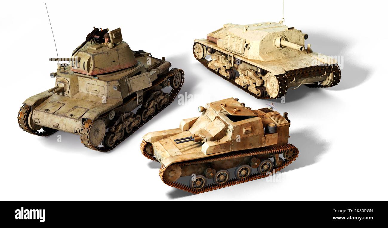 Veicoli blindati utilizzati dall'esercito italiano durante la seconda guerra mondiale: M13/40, L3/33-35 e la Semovente da 75/18. Foto Stock