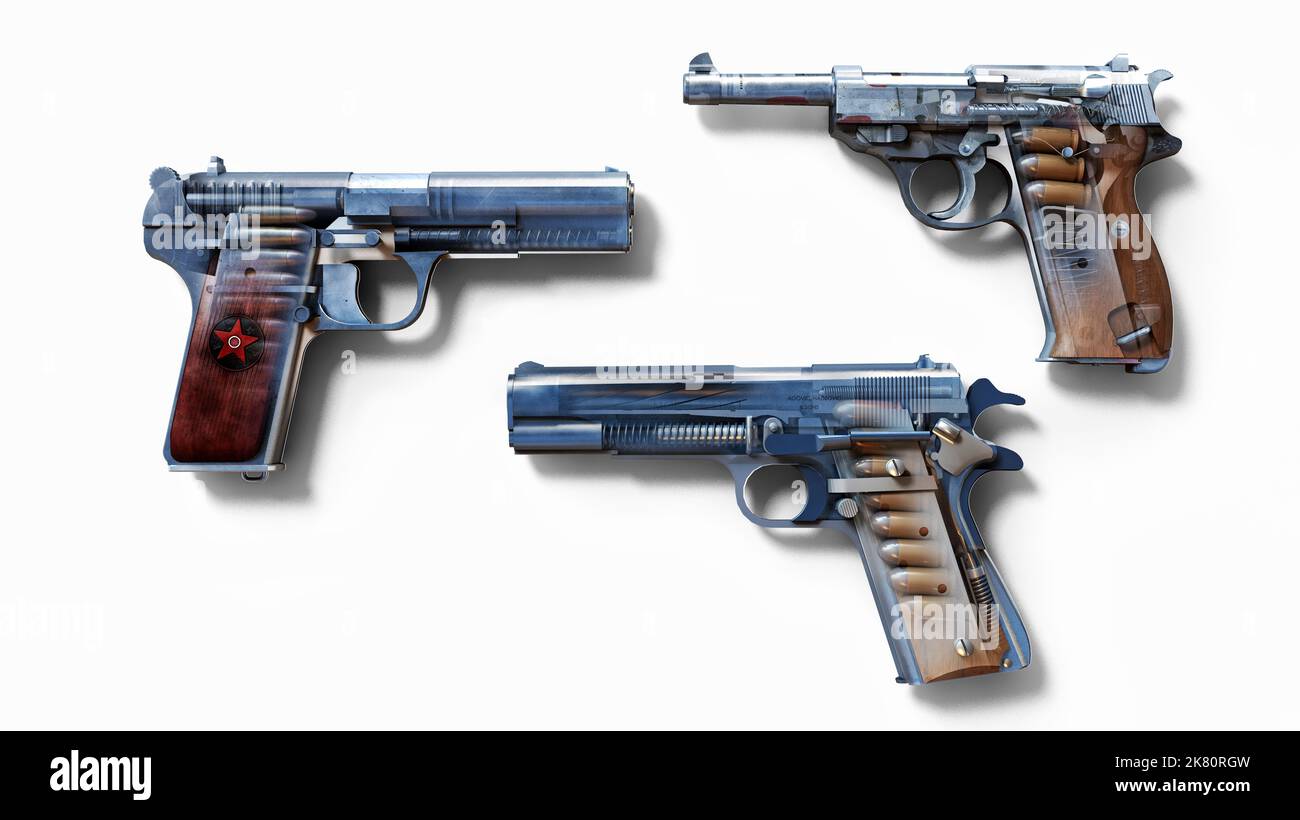 Confronto illustrativo tra tre pistole semiautomatiche: Soviet T33, German P38 e American M1911. Foto Stock